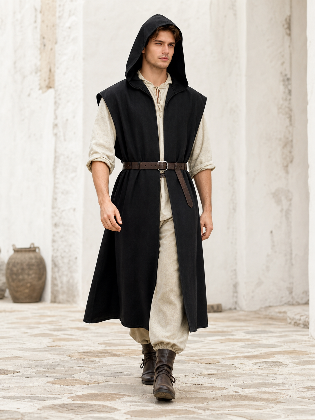Long Sleeveless Hooded Vest, Black