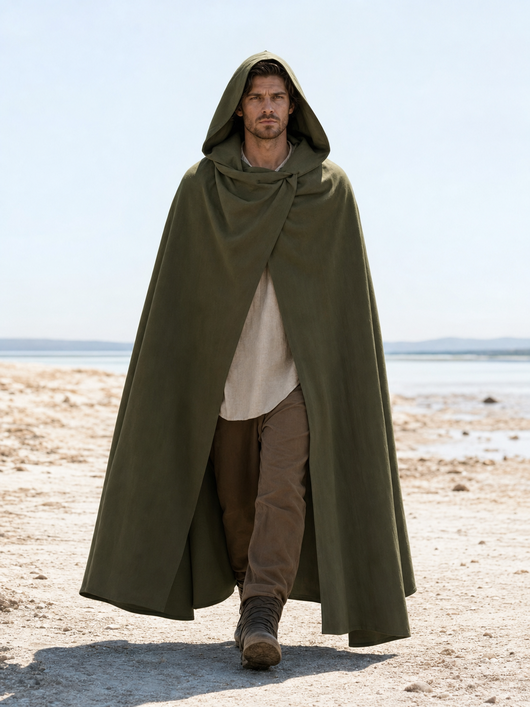 Medieval Hooded Cloak, Olive Green Full-Length Cape with Pointed Hood and Front Tie for Cosplay and Role-Playing