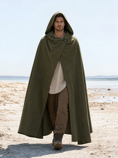 Medieval Hooded Cloak, Olive Green Full-Length Cape with Pointed Hood and Front Tie for Cosplay and Role-Playing