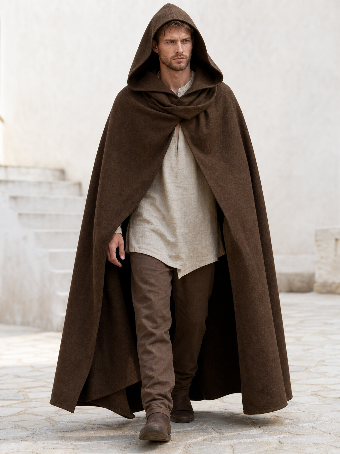 Medieval Fantasy Hooded Cloak, Deep Brown Long Draped Cape with Overlapping Front and Pointed Hem for Role Play, Stage Styling and Outdoor Wear