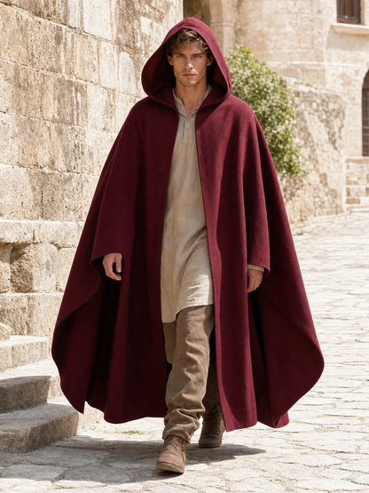 Medieval Hooded Cloak Wine Red Cape with Overlapping Front and Irregular Draped Hem for Cosplay, Theme Parties, Stage Performances and Fantasy Photography