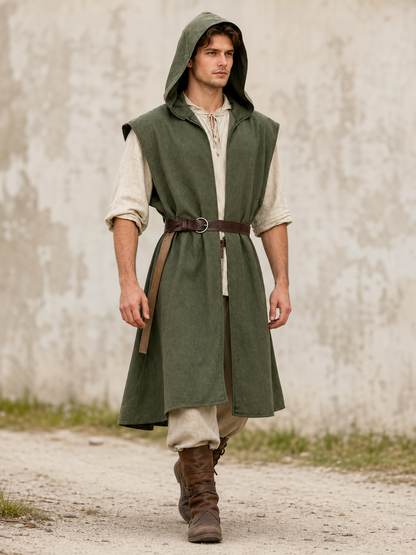 Medieval Fantasy Costume Sleeveless Hooded Long Vest, Open Front Design With Waist Belt For Cosplay And Costume Performances
