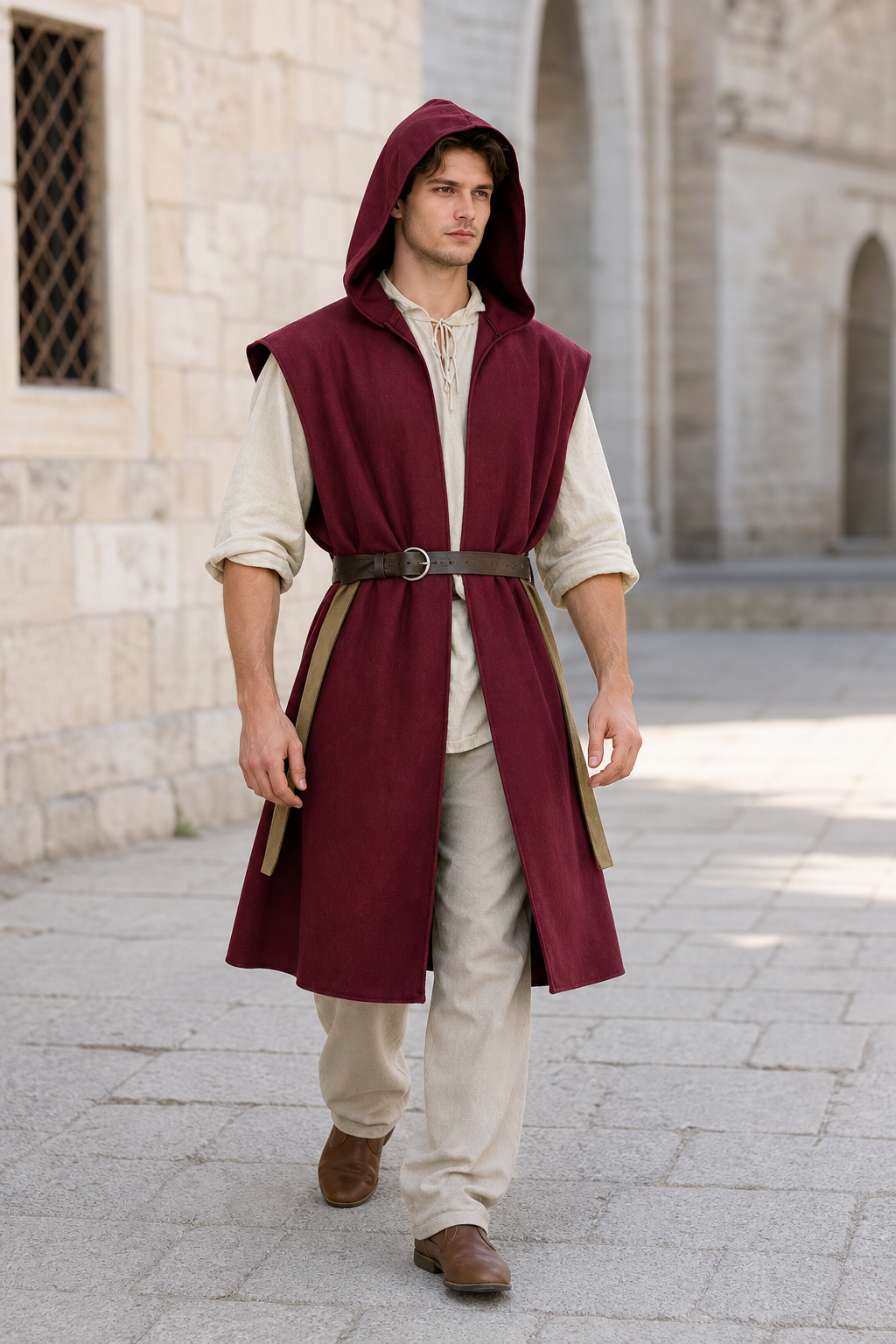 Medieval Fantasy Cosplay Costume Sleeveless Hooded Burgundy Robe Vest, Long Open Front Outer Garment for Role Play Stage Performance