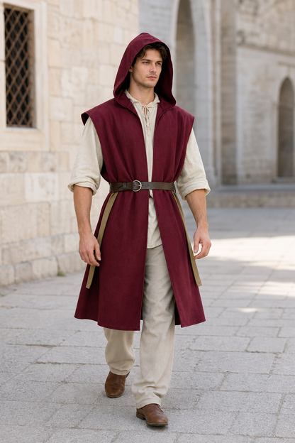 Medieval Fantasy Cosplay Costume Sleeveless Hooded Burgundy Robe Vest, Long Open Front Outer Garment for Role Play Stage Performance