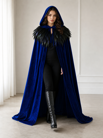 Blue Hooded Feathered Carnival Cape