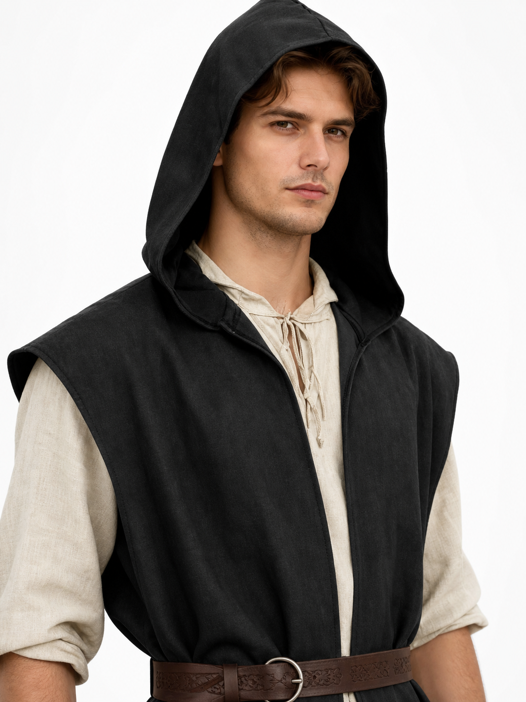 Long Sleeveless Hooded Vest, Black