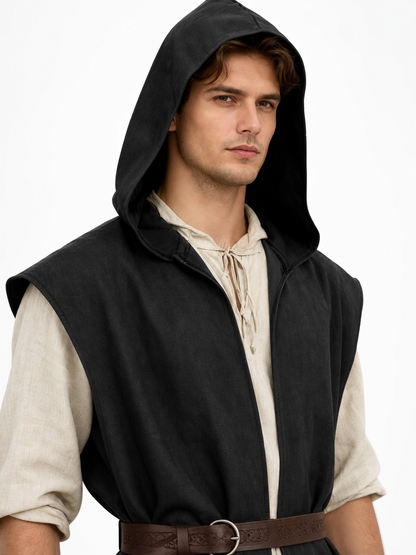 Long Sleeveless Hooded Vest, Black