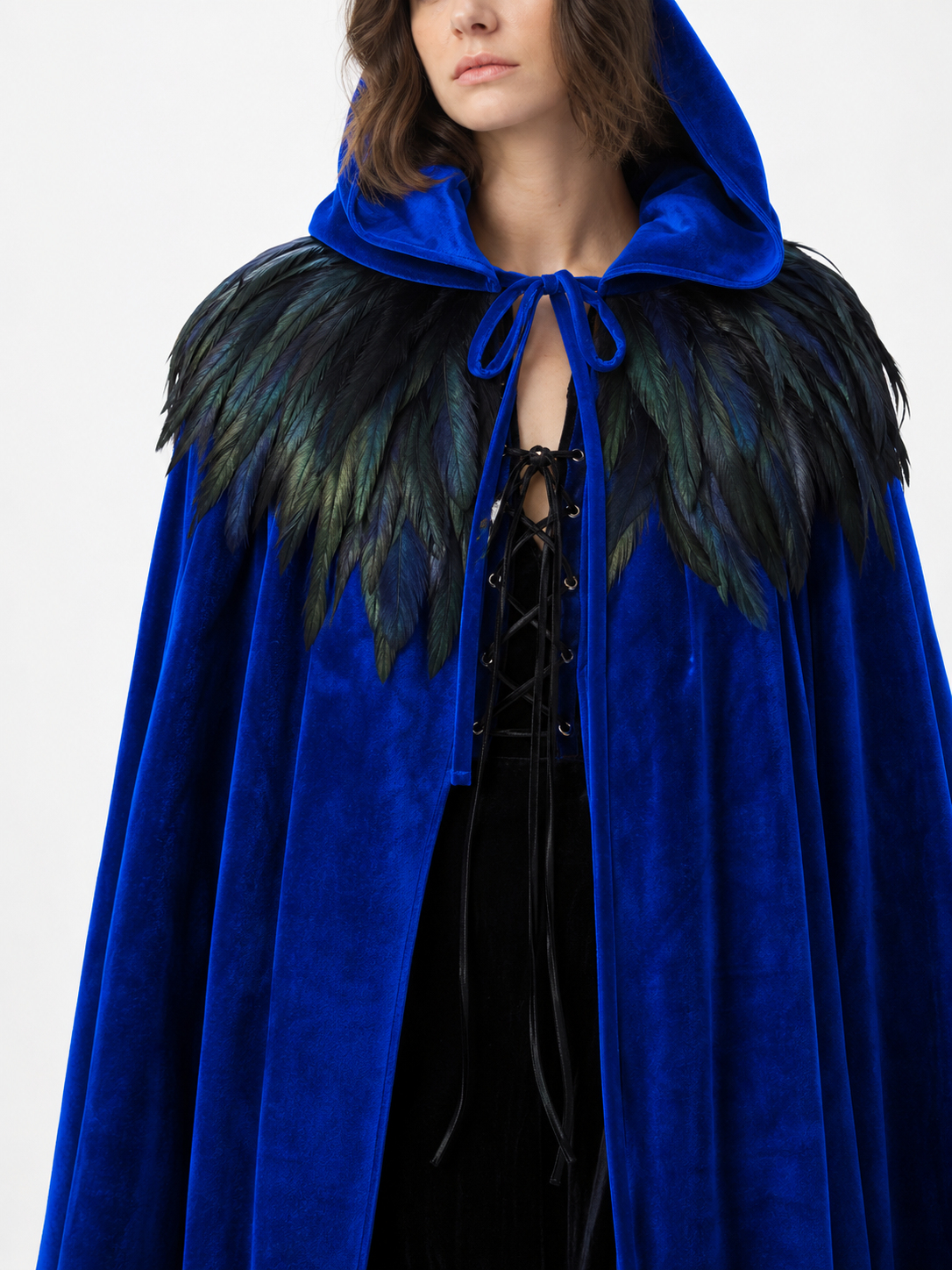 Blue Hooded Feathered Carnival Cape