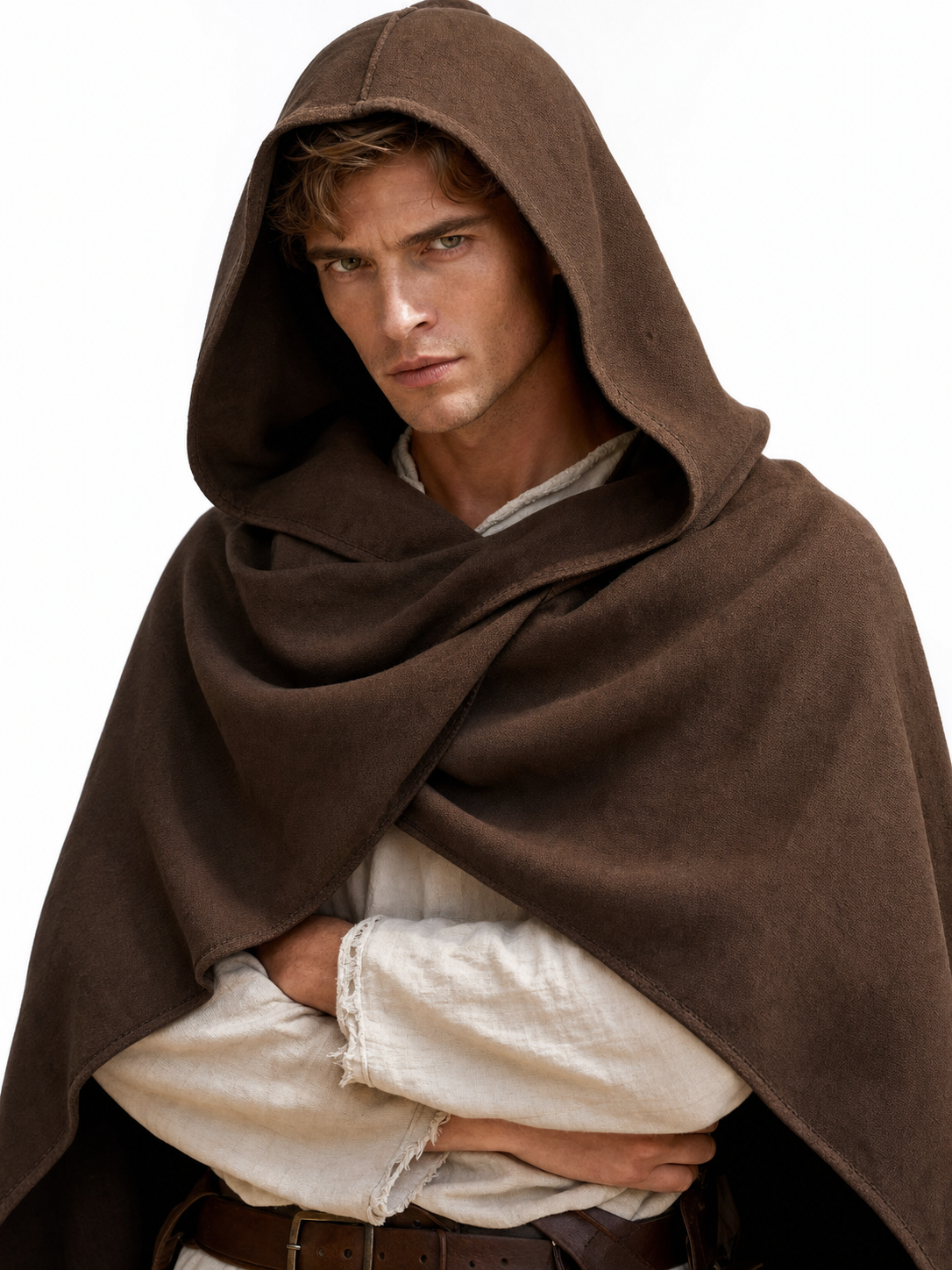 Medieval Fantasy Hooded Cloak, Deep Brown Long Draped Cape with Overlapping Front and Pointed Hem for Role Play, Stage Styling and Outdoor Wear