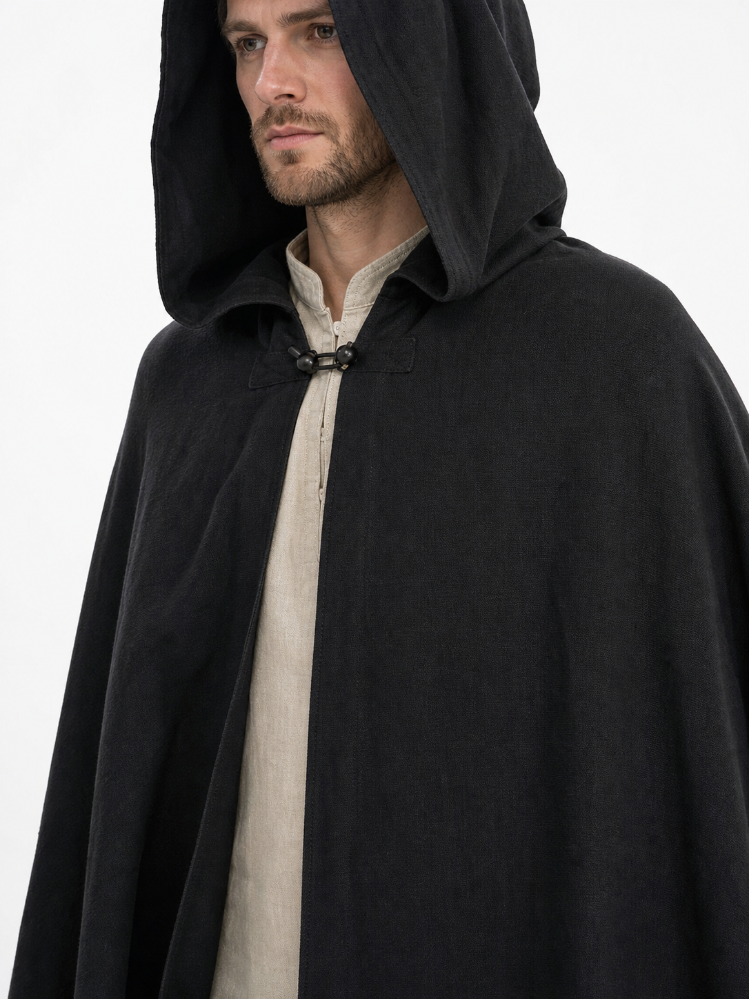 Black Long Hooded Cotton-Linen Cloak