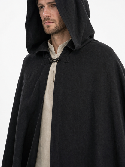 Black Long Hooded Cotton-Linen Cloak