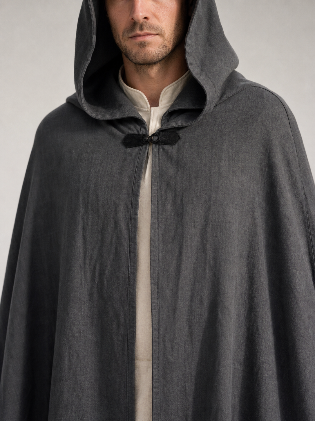 Adult Fantasy Hooded Cape, Long Dark Gray Cloak With Front Tie Closure, Wide