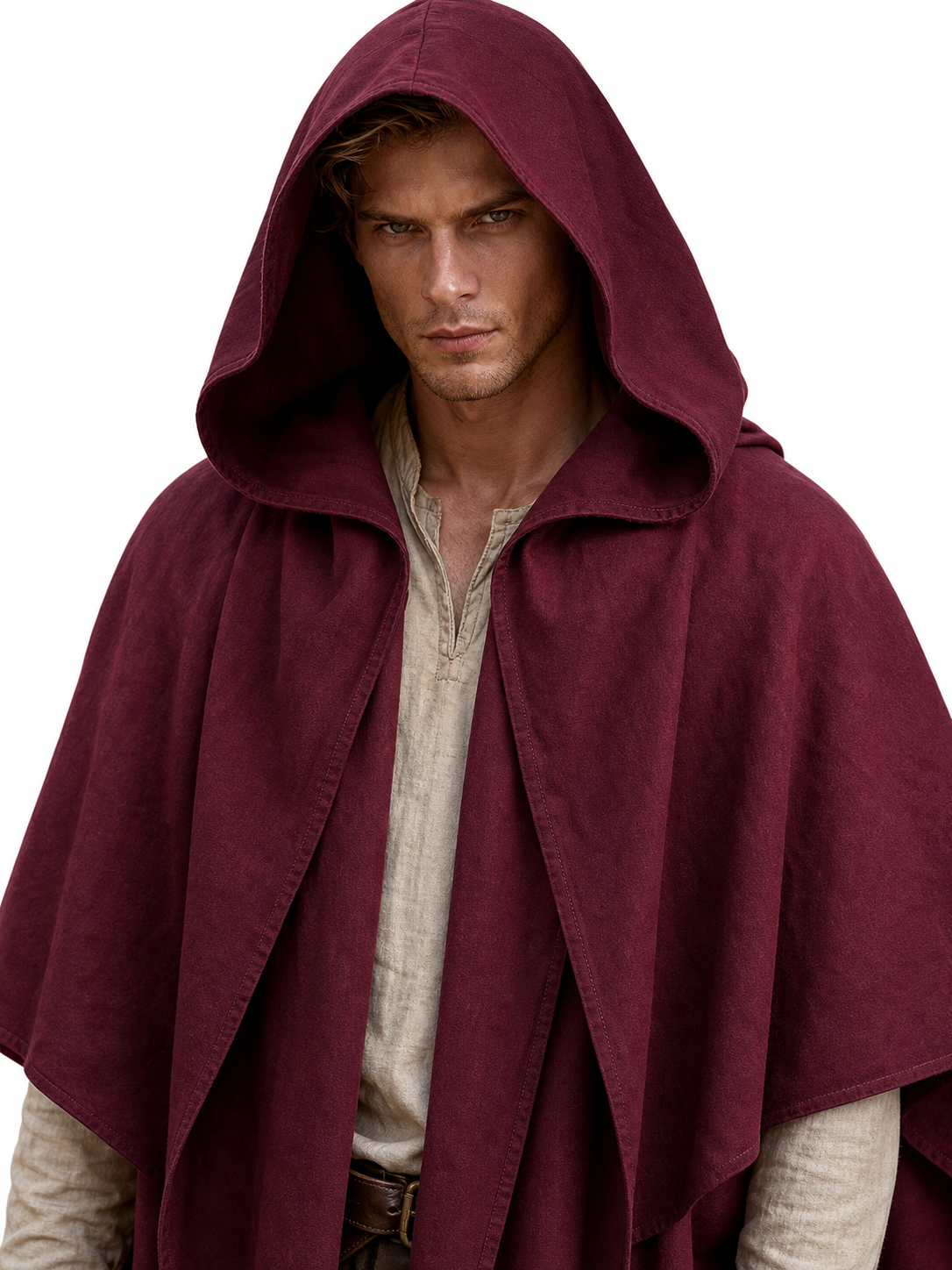 Medieval Hooded Cloak Wine Red Cape with Overlapping Front and Irregular Draped Hem for Cosplay, Theme Parties, Stage Performances and Fantasy Photography