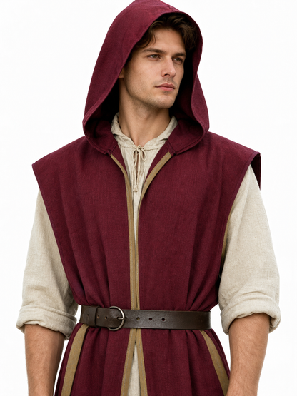 Adult Medieval Fantasy Hooded Cape, Wine Red Sleeveless Long Split-Hem Cloak