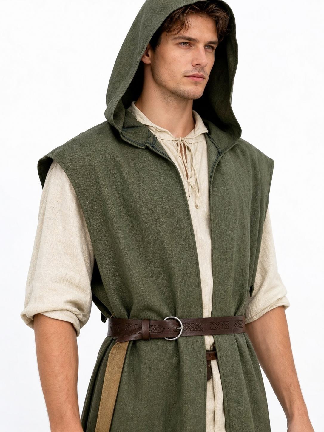 Medieval Fantasy Role Play Costume Set, 2-Piece Olive Green Hooded Sleeveless