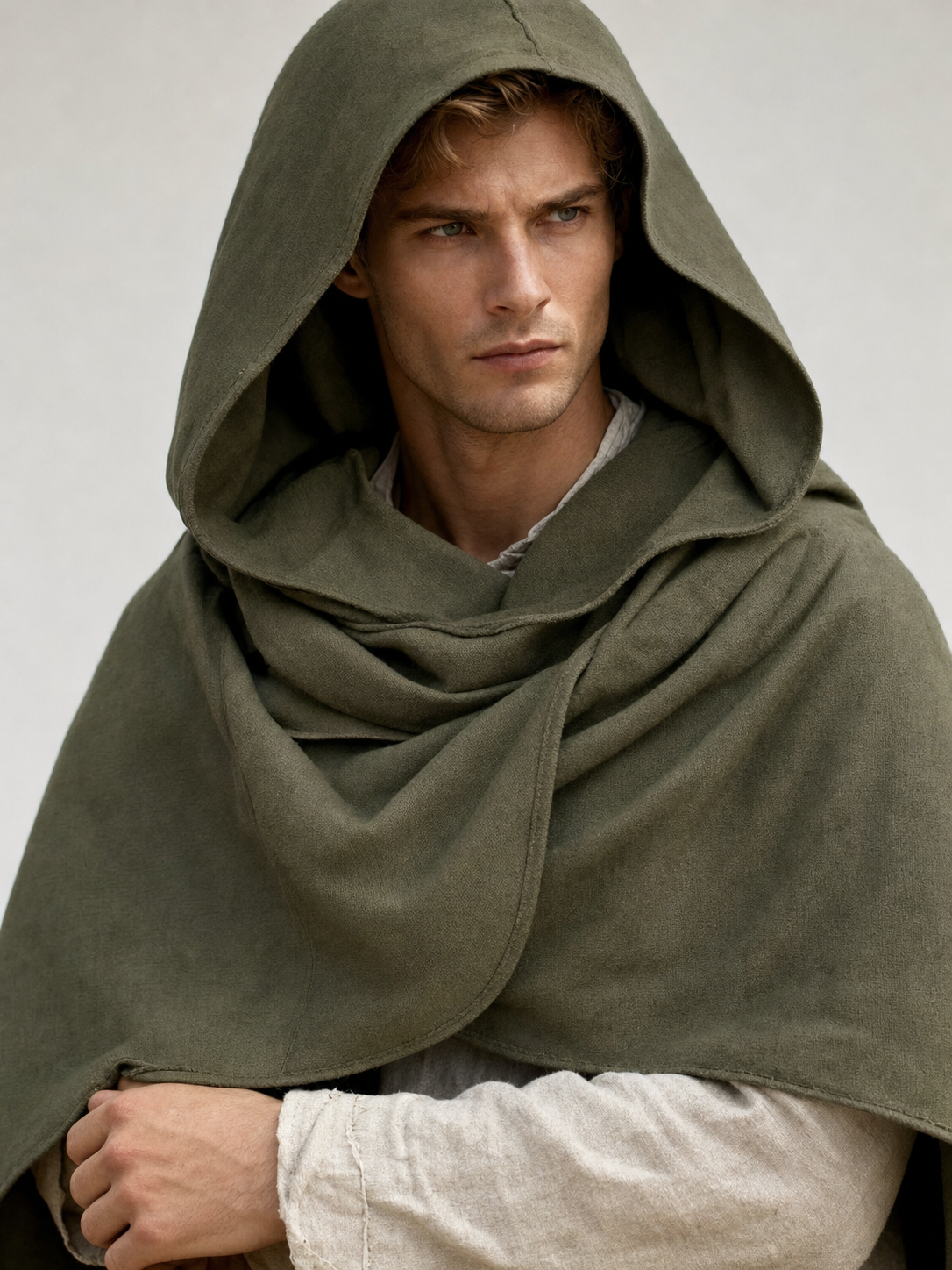 Medieval Hooded Cloak, Olive Green Full-Length Cape with Pointed Hood and Front Tie for Cosplay and Role-Playing