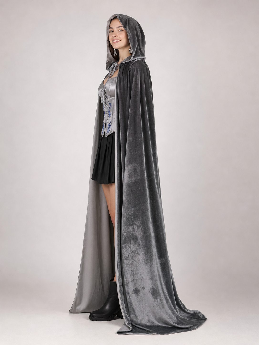 Gray Hooded Long Costume Cape