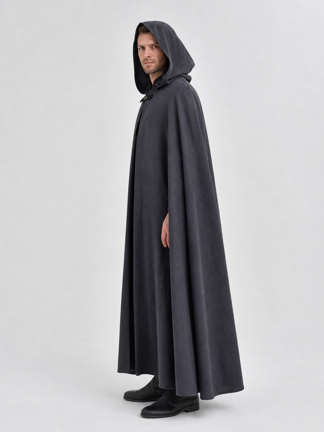 Adult Fantasy Hooded Cape, Long Dark Gray Cloak With Front Tie Closure, Wide
