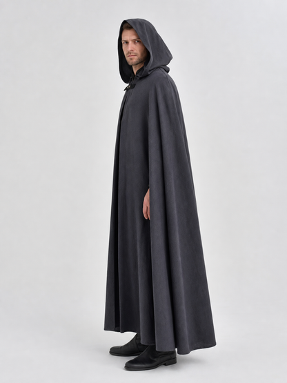 Adult Fantasy Hooded Cape, Long Dark Gray Cloak With Front Tie Closure, Wide