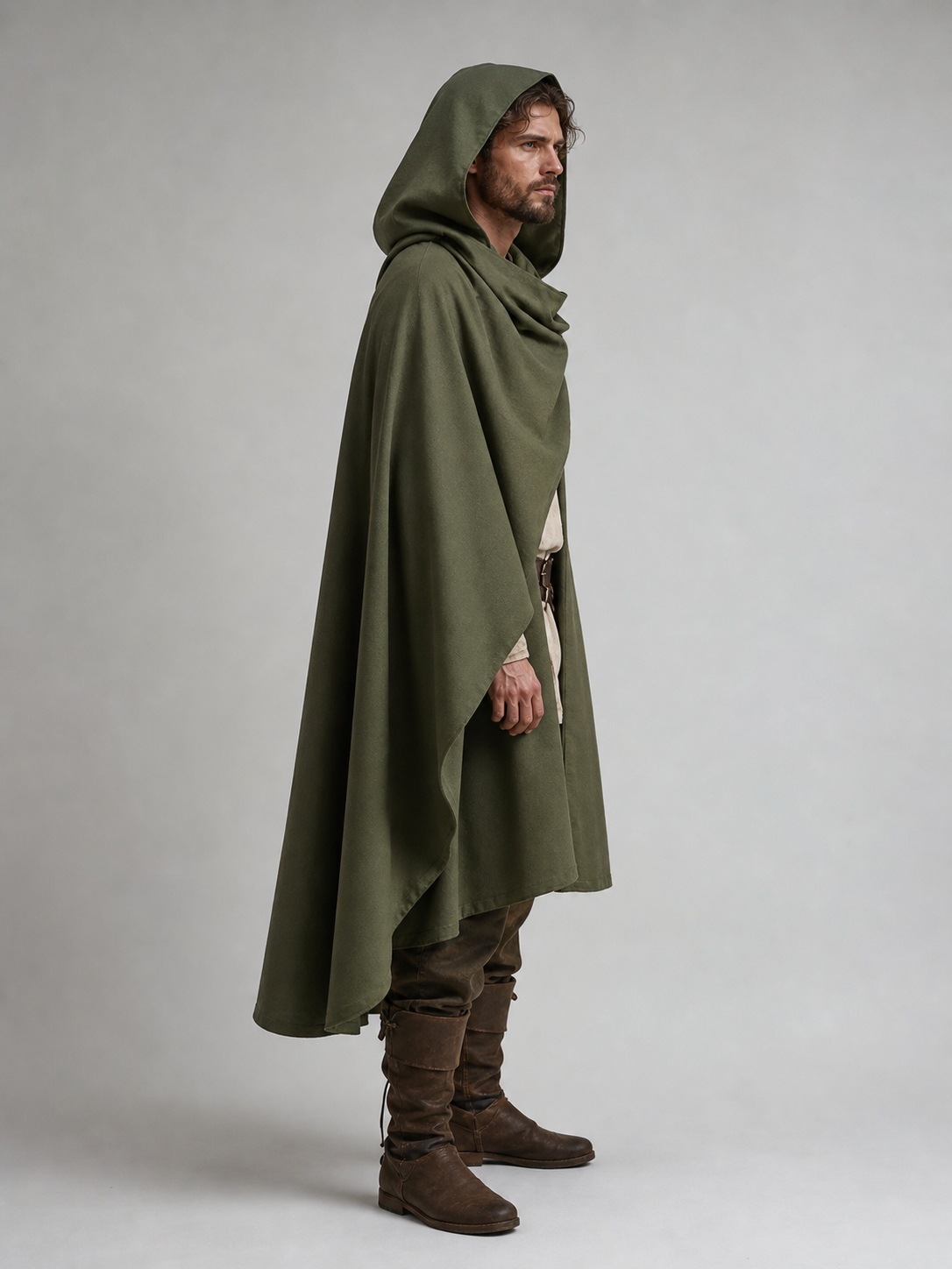 Medieval Hooded Cloak, Olive Green Full-Length Cape with Pointed Hood and Front Tie for Cosplay and Role-Playing