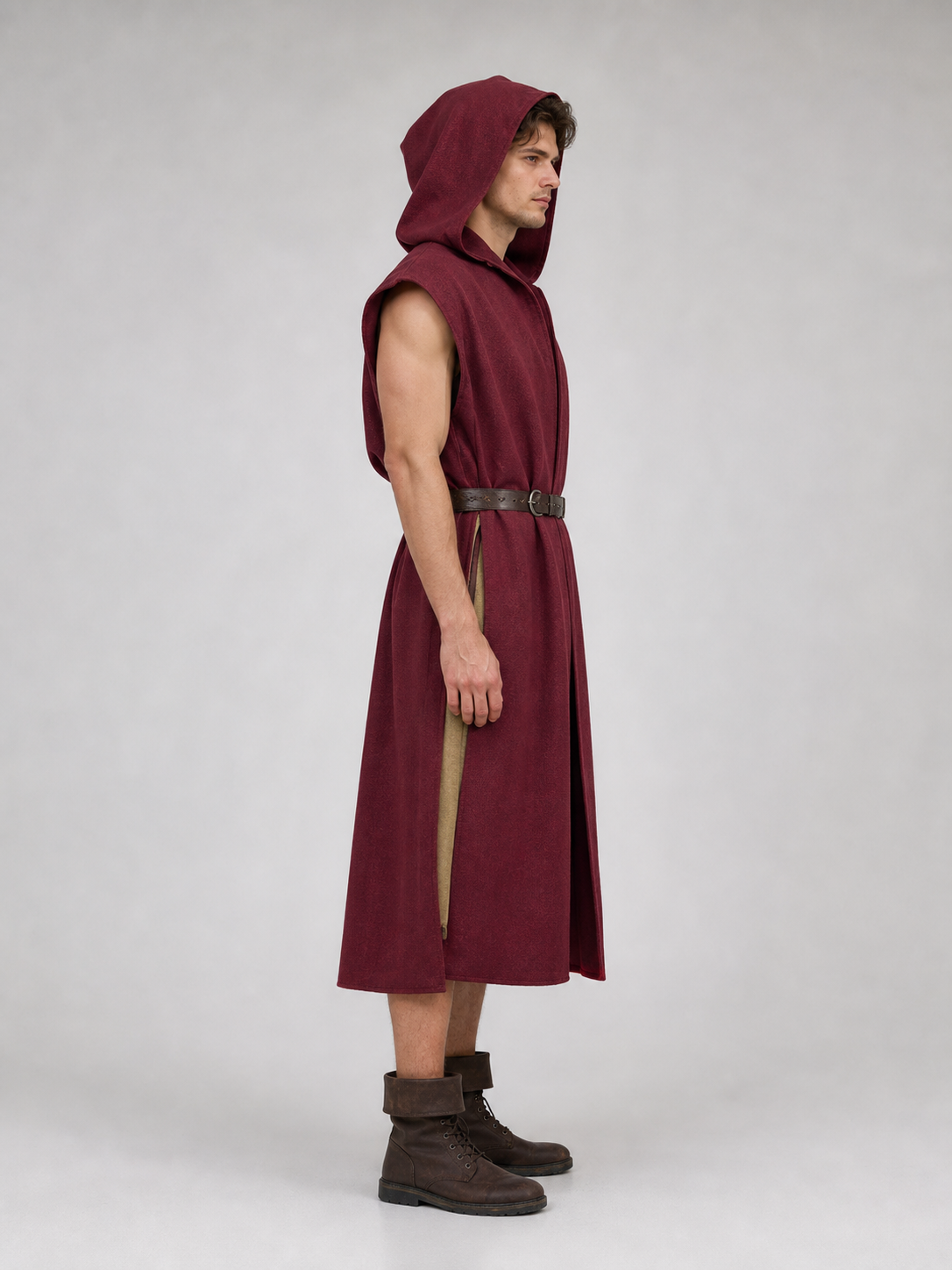 Adult Medieval Fantasy Hooded Cape, Wine Red Sleeveless Long Split-Hem Cloak