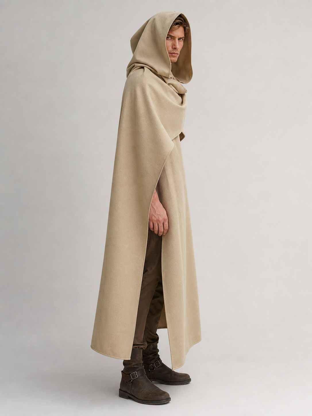 Medieval Hooded Cloak, Pointed Hood Full-Length Draped Cape in Khaki for Cosplay, Fantasy Costumes and Historical-Style Outdoor Outfits
