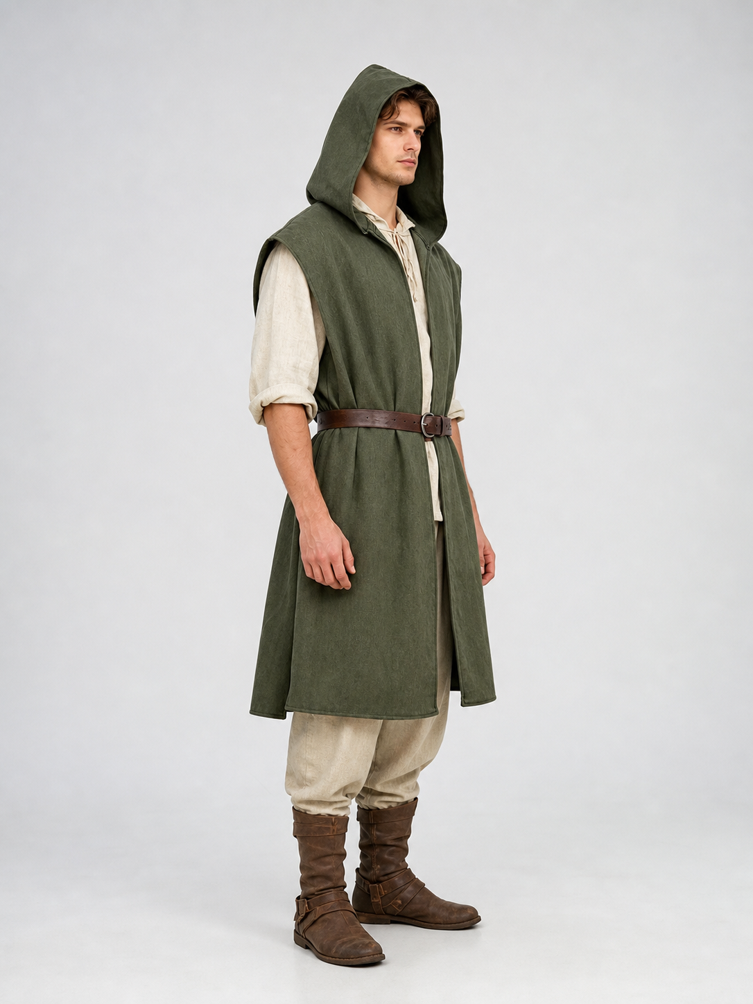 Medieval Fantasy Role Play Costume Set, 2-Piece Olive Green Hooded Sleeveless