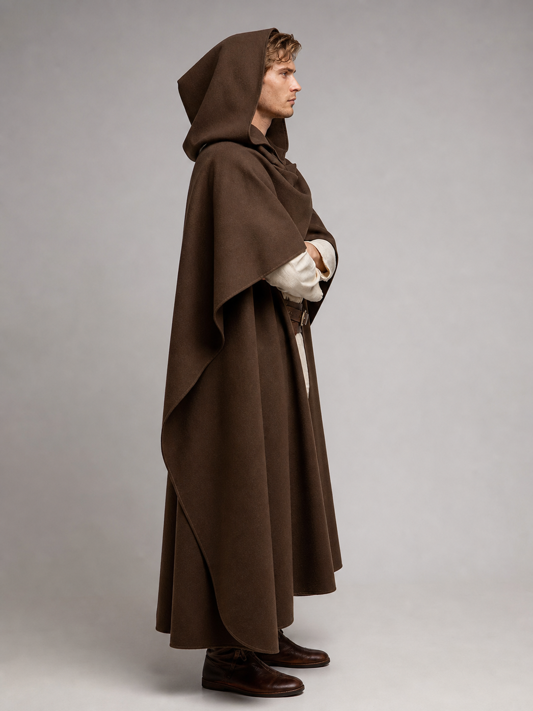 Medieval Fantasy Hooded Cloak, Deep Brown Long Draped Cape with Overlapping Front and Pointed Hem for Role Play, Stage Styling and Outdoor Wear