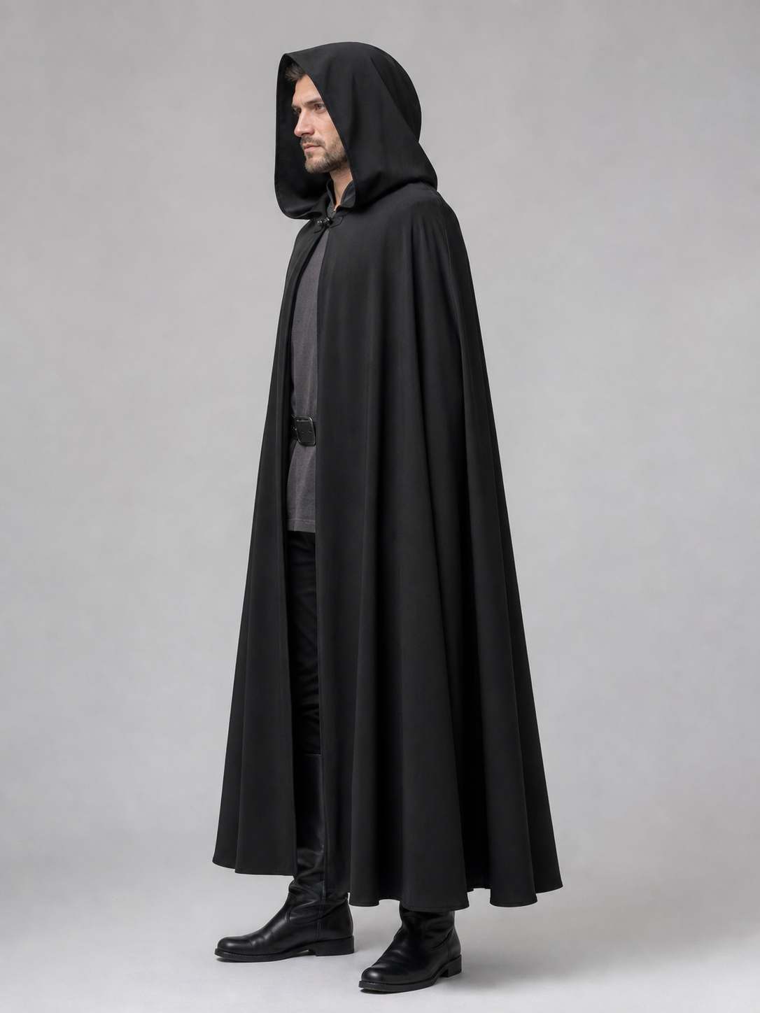 Black Long Hooded Cotton-Linen Cloak