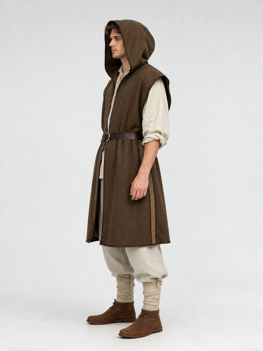 Brown hooded cosplay vest with belt product view 27