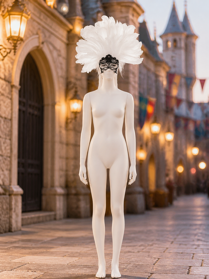 White feather headpiece with a black lace mask, shown on a full-body mannequin in a lit outdoor street scene