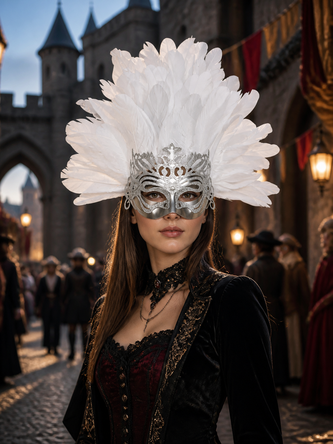 Woman wearing the silver feathered eye mask with a black costume in a dim castle-like setting
