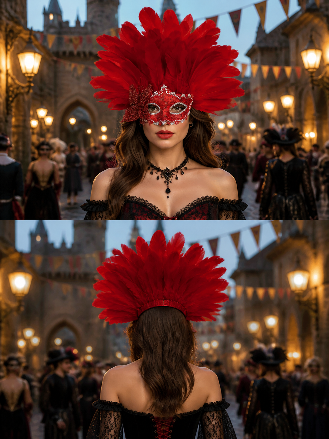 Two-panel styled scene showing the red feather mask worn from the front and back with its black rear headband