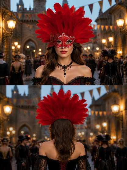 Two-panel styled scene showing the red feather mask worn from the front and back with its black rear headband