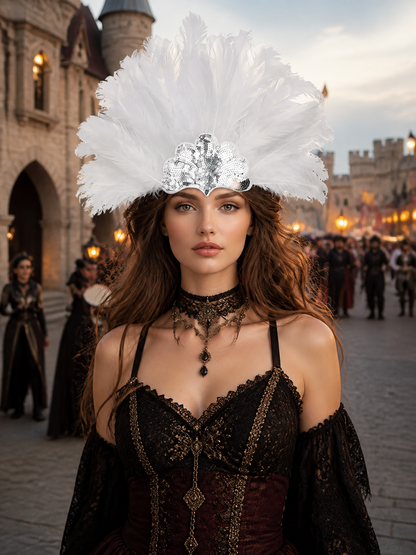 White feather carnival headband worn with a black costume in a castle-like outdoor setting, with silver sequined detailing