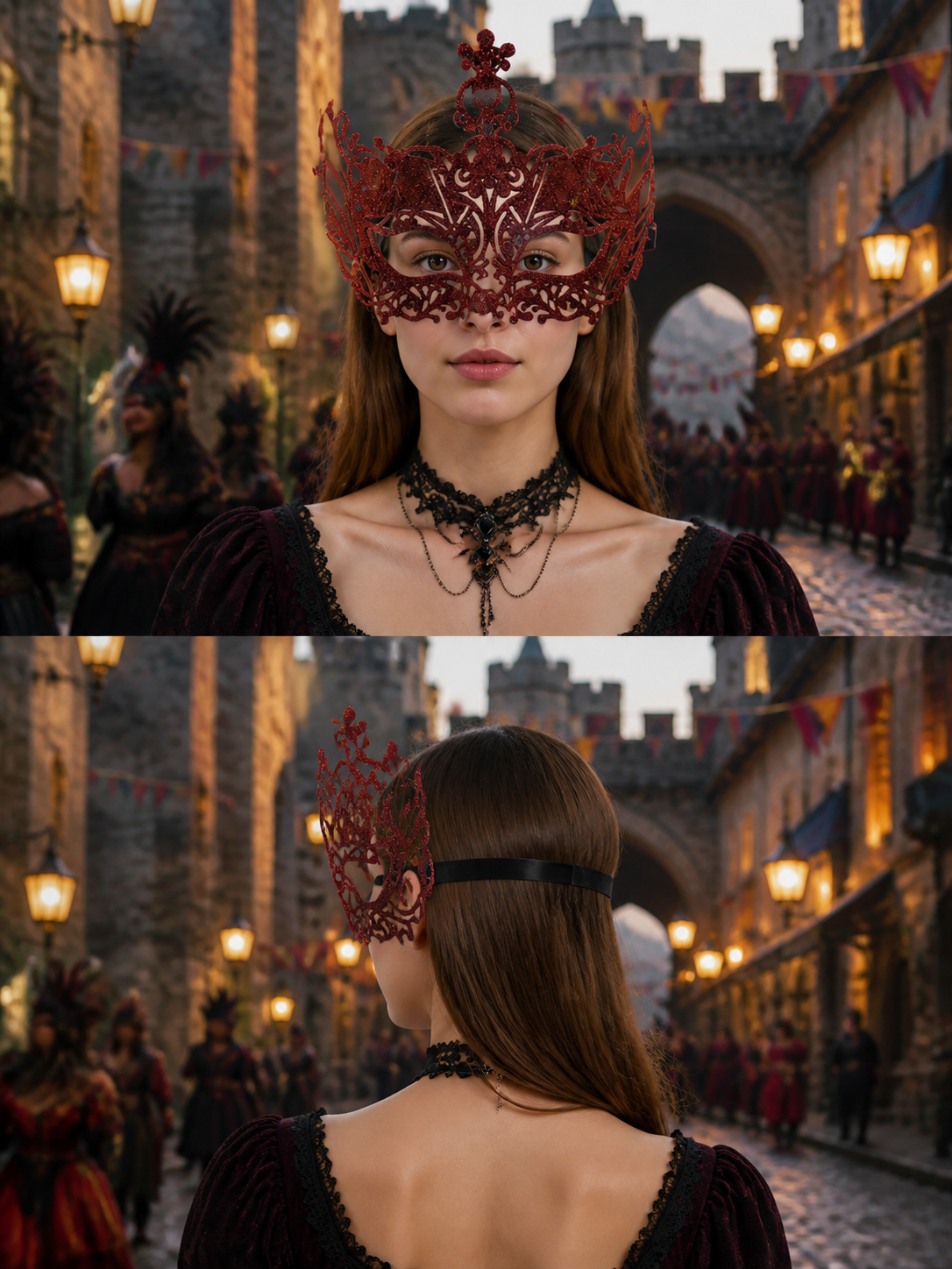 Two-view styled image showing a woman wearing the red mask from the front and back with its black headband