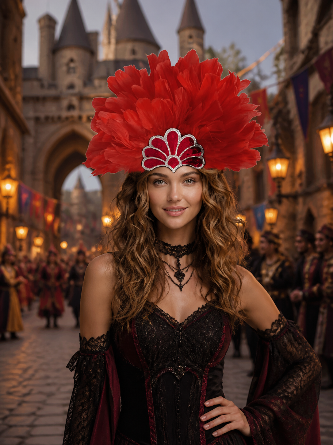 Red feather headpiece with a silver-trimmed fan decoration, displayed on a dark surface in a festive scene