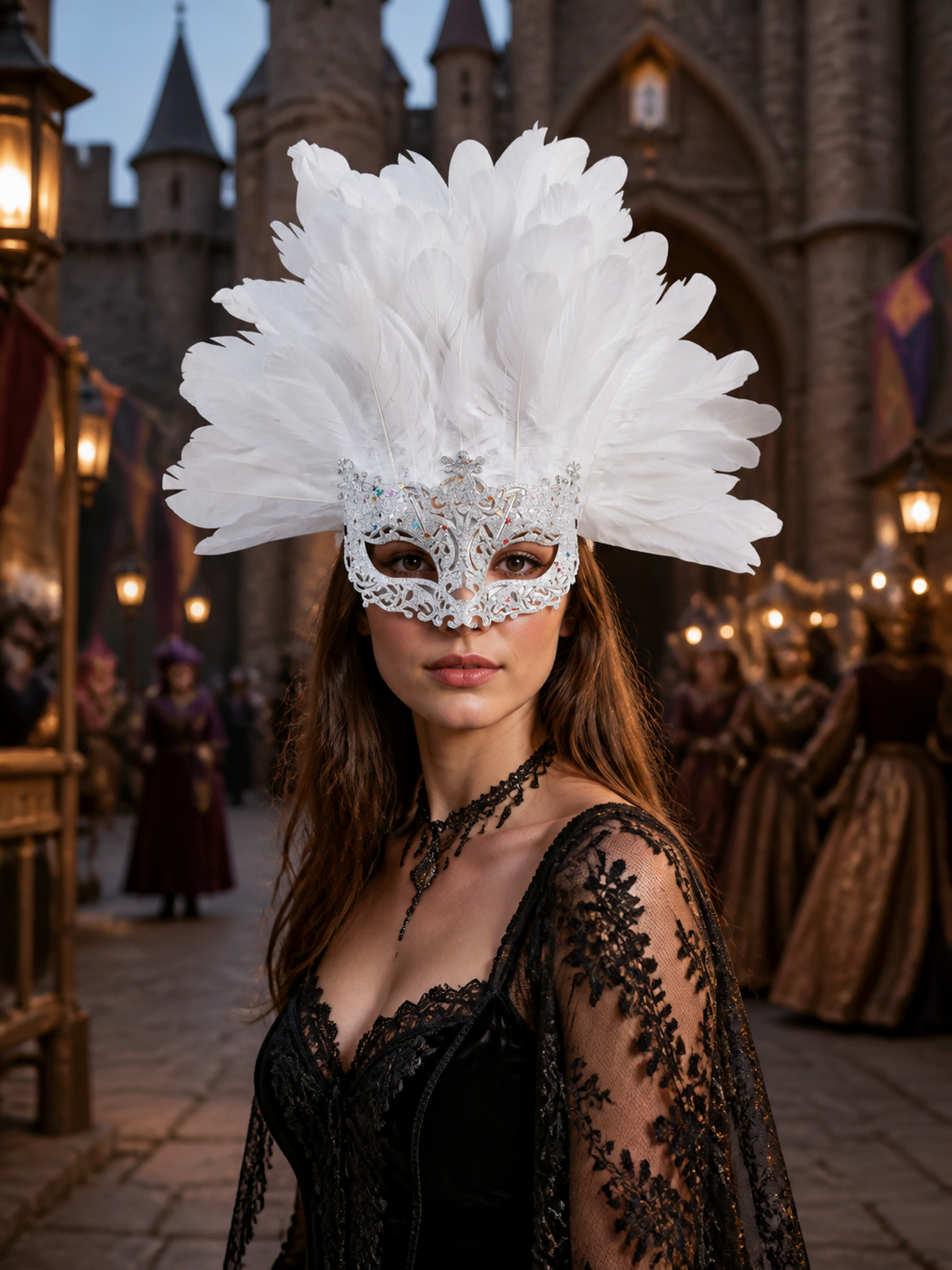 White feather masquerade mask shown worn in a close-up portrait against a castle-themed evening setting