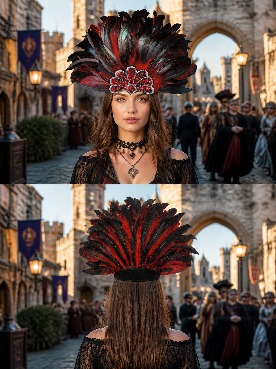 Two styled views show a red and black feathered headpiece worn front and back in a historic street scene
