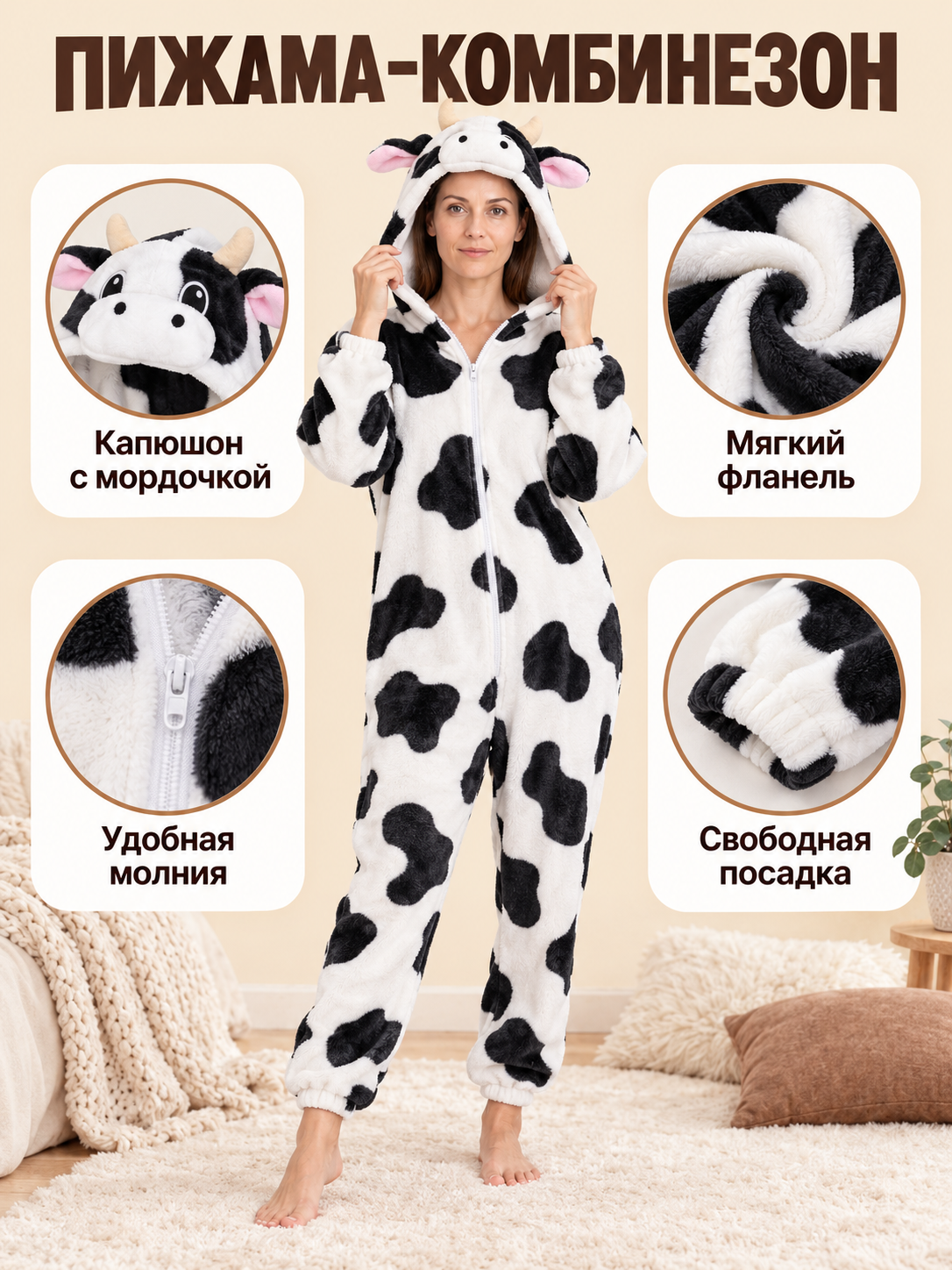 Flannel Cow Hooded Pajama Jumpsuit
