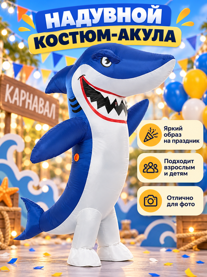 Inflatable shark costume blue with white belly and fins