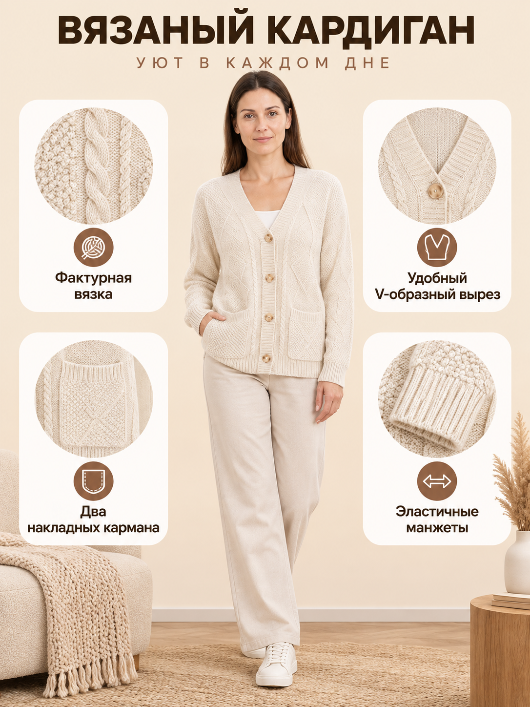 Cream-Beige Cable-Knit Cardigan with Pockets