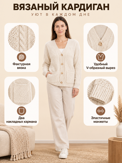 Cream-Beige Cable-Knit Cardigan with Pockets