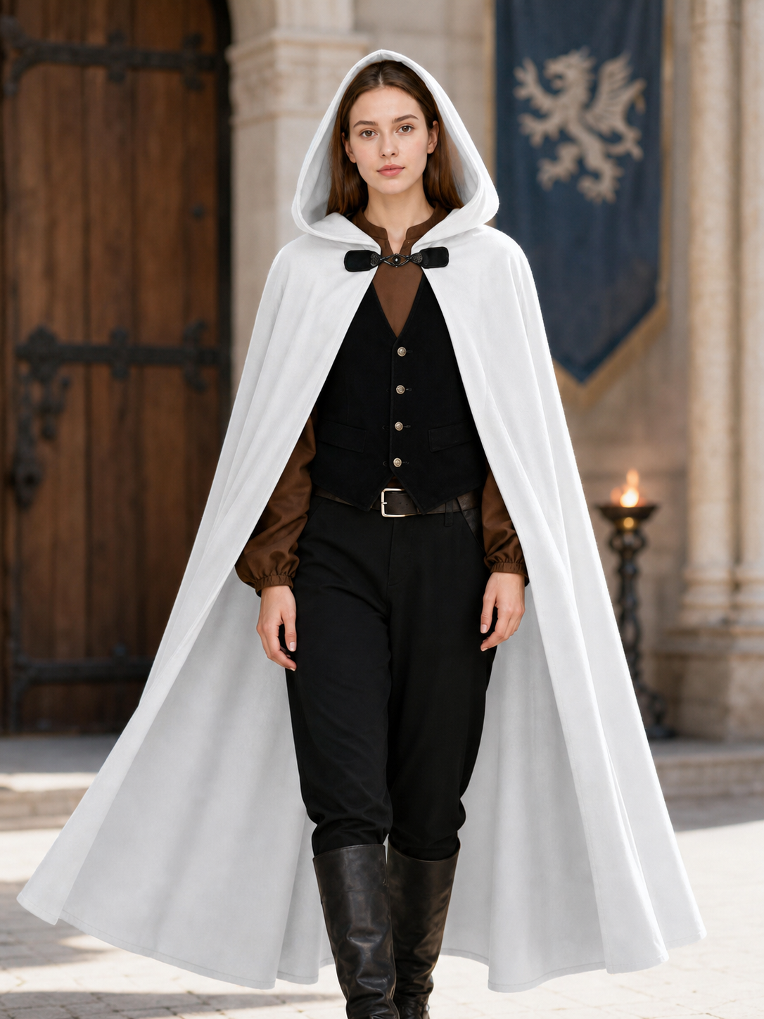 White medieval costume cloak with hood