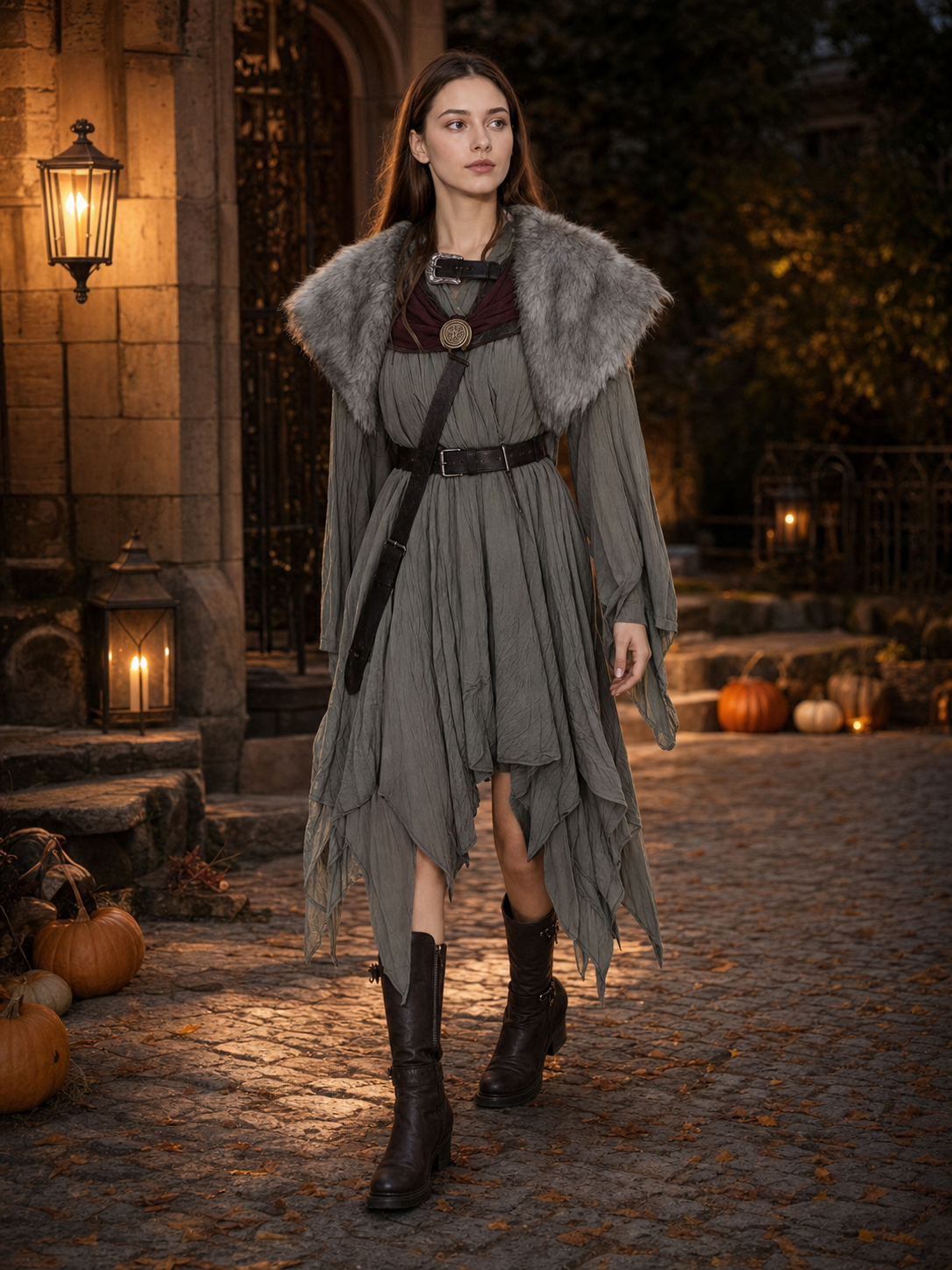 Adult Viking Cape Costume, Fluffy Gray-White Shoulder Edge, Gold Emblem & Button lifestyle view