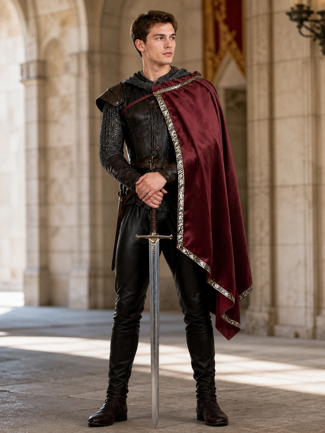 Burgundy velvet-look hooded costume cape product view 62