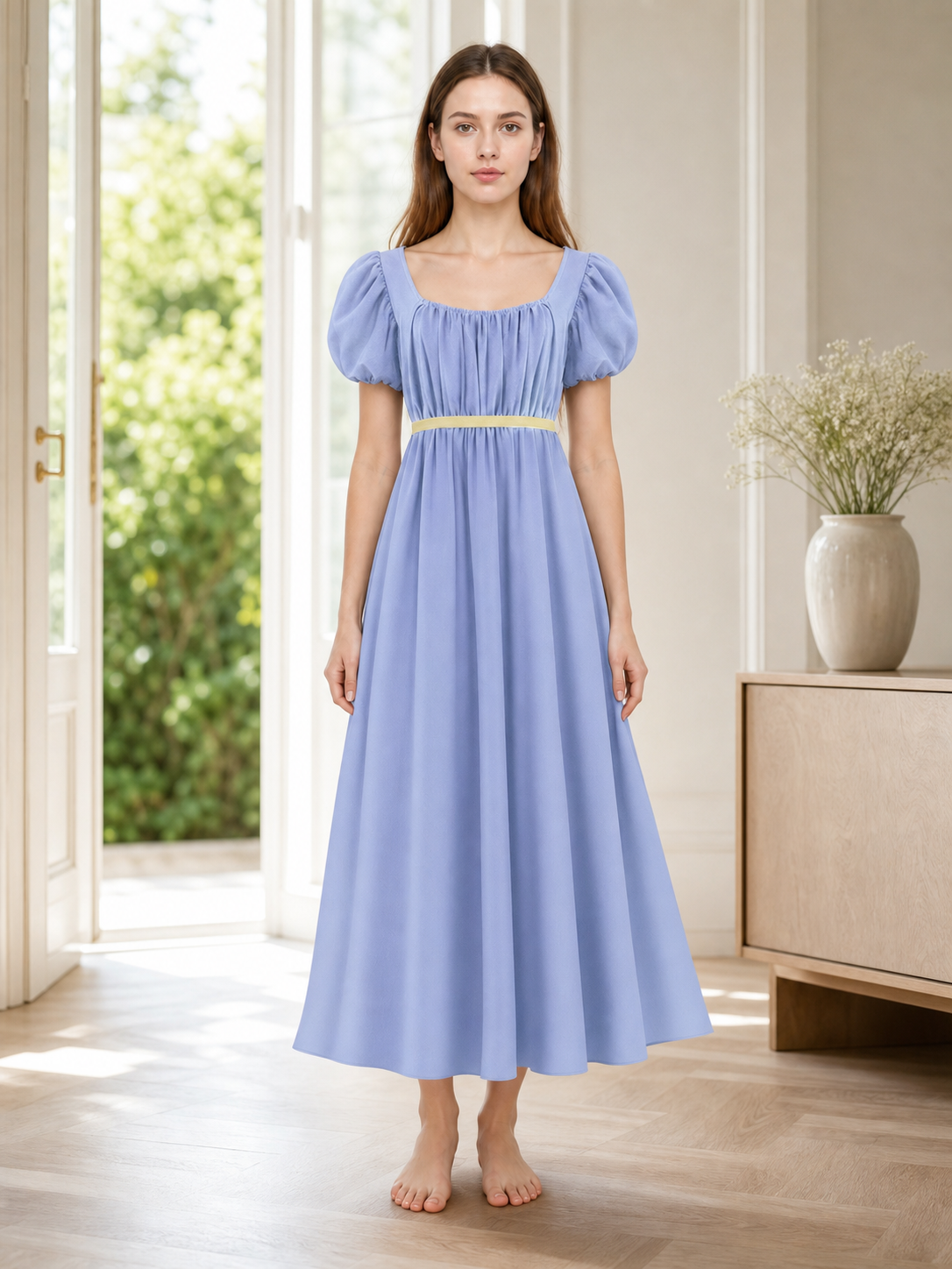 Bridgerton-style dress with a square neckline