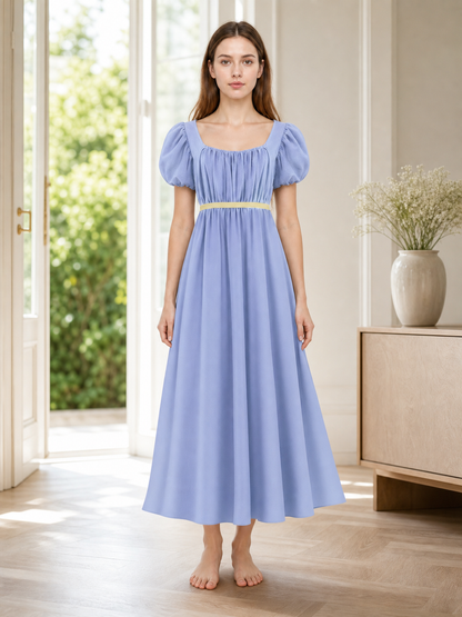 Bridgerton-style dress with a square neckline