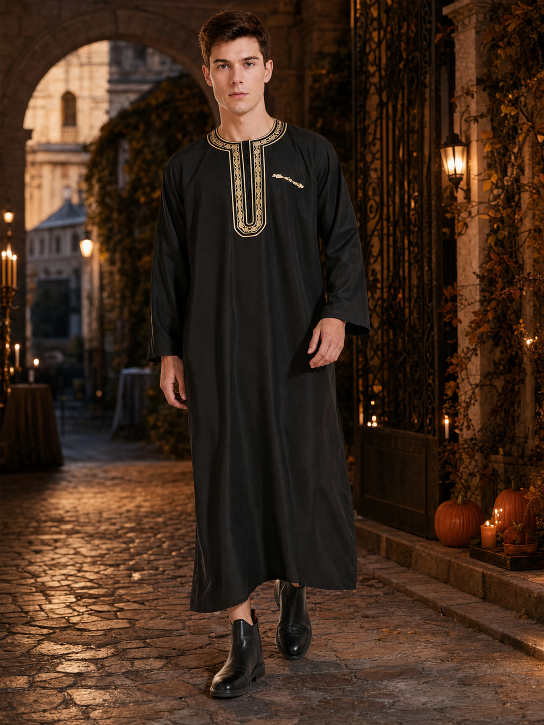 Men's Traditional Muslim-Inspired Long Robe, Black Full-Length Loose-Fit Tunic with Gold-Tone Embroidered Trim for Formal Wear