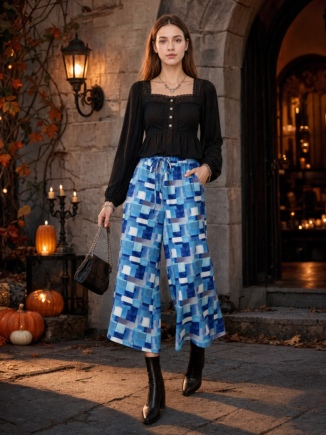 Blue and White Palazzo Pants with Geometric Print lifestyle view